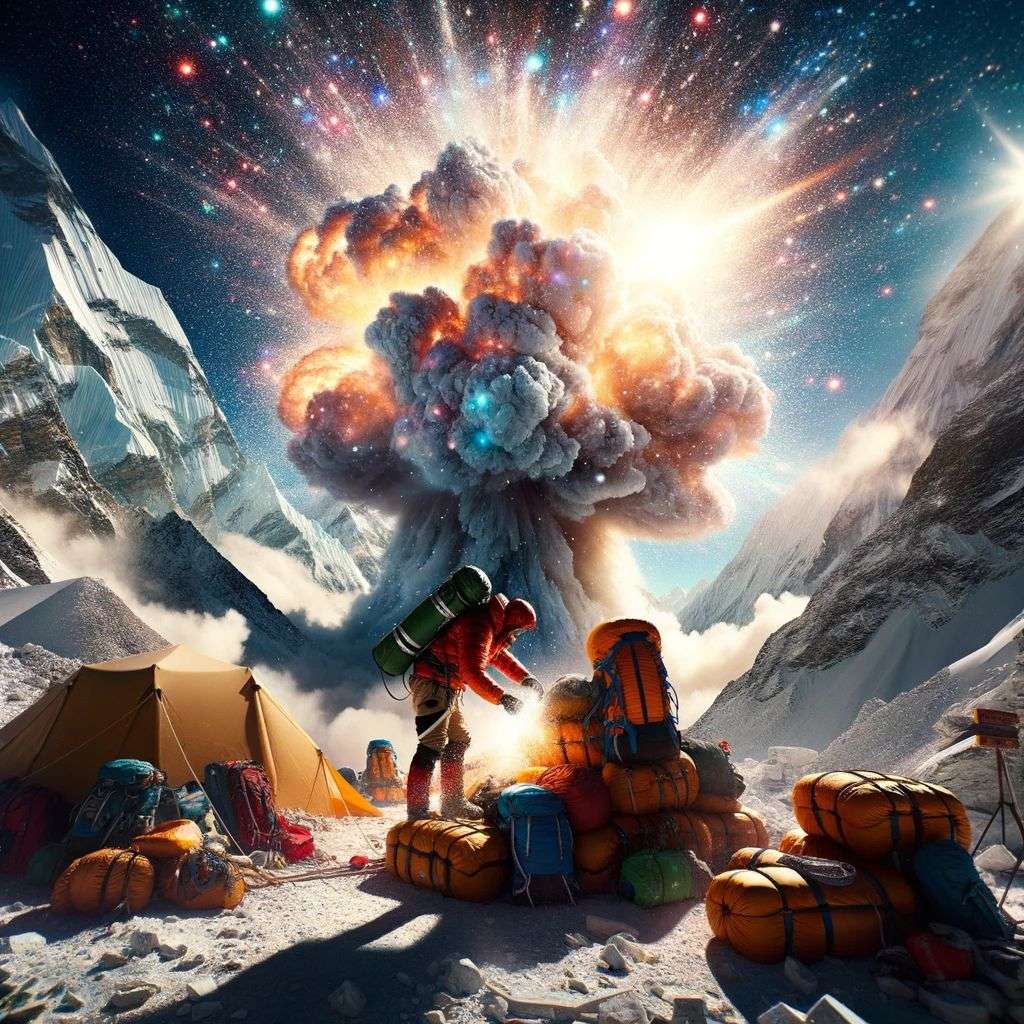 someone gazing at Mount Everest, particle explosion, digital art